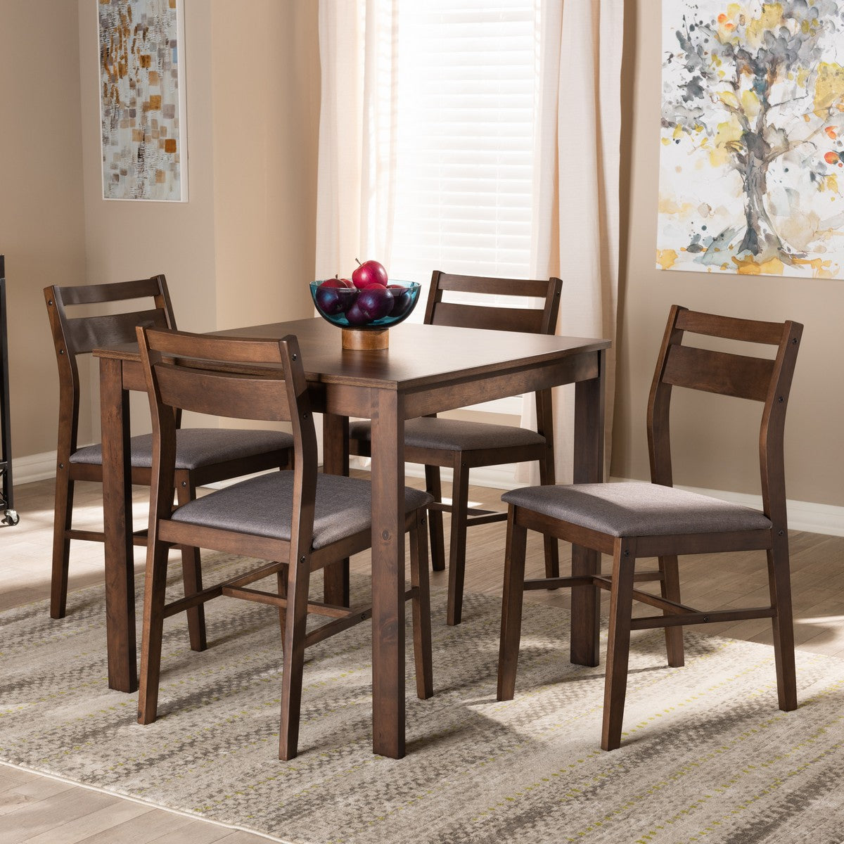 Baxton Studio Lovy Modern and Contemporary Gray Fabric Upholstered Dark Walnut-Finished 5-Piece Wood Dining Set