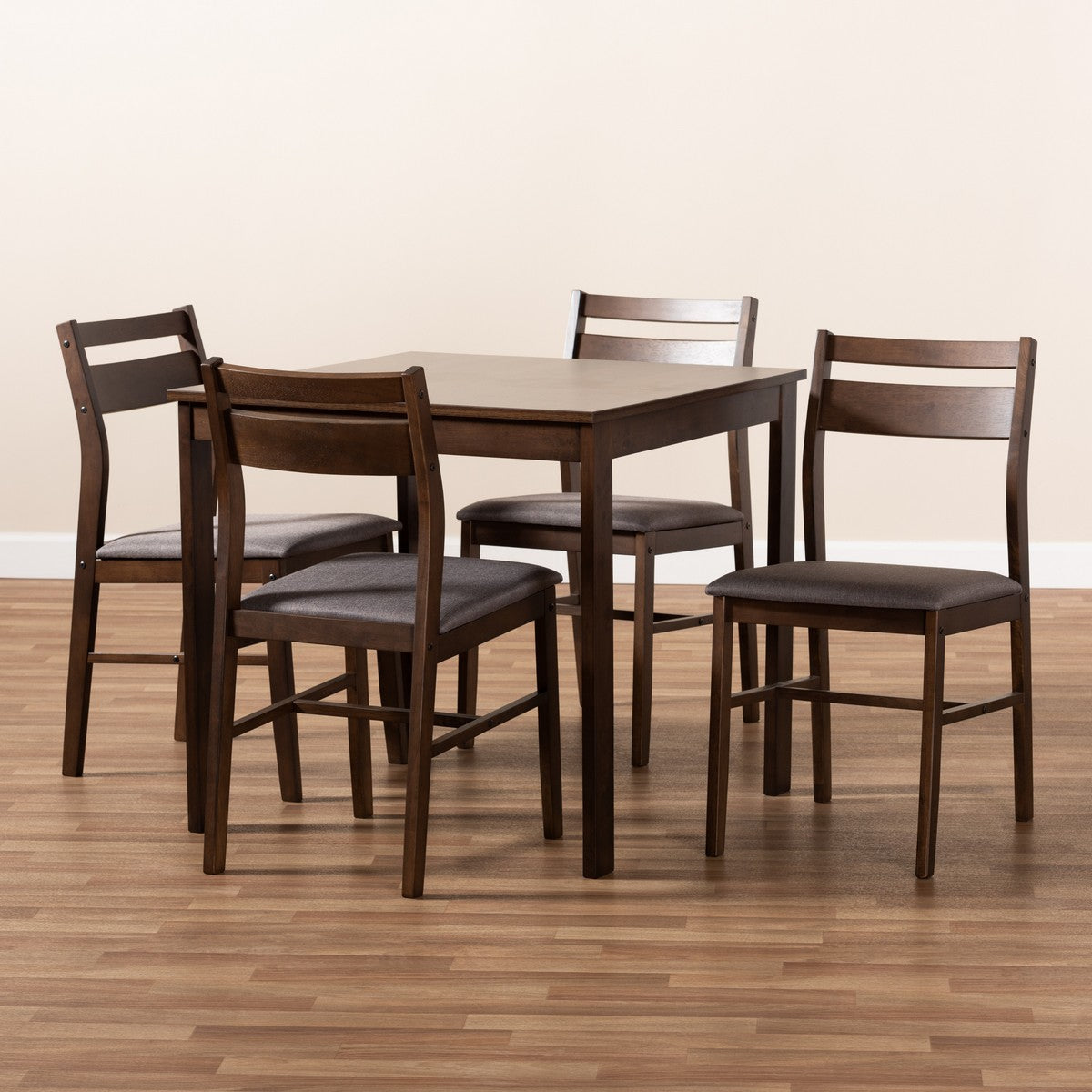Baxton Studio Lovy Modern and Contemporary Gray Fabric Upholstered Dark Walnut-Finished 5-Piece Wood Dining Set
