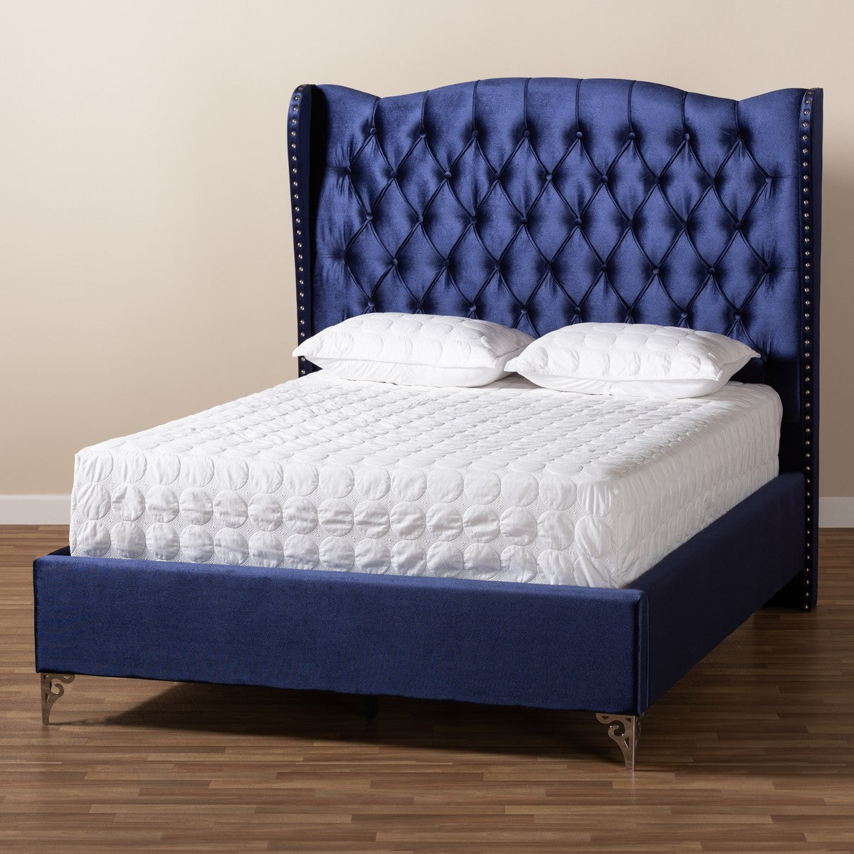 Baxton Studio Hanne Glam and Luxe Purple Blue Velvet Fabric Upholstered Queen Size Wingback Bed