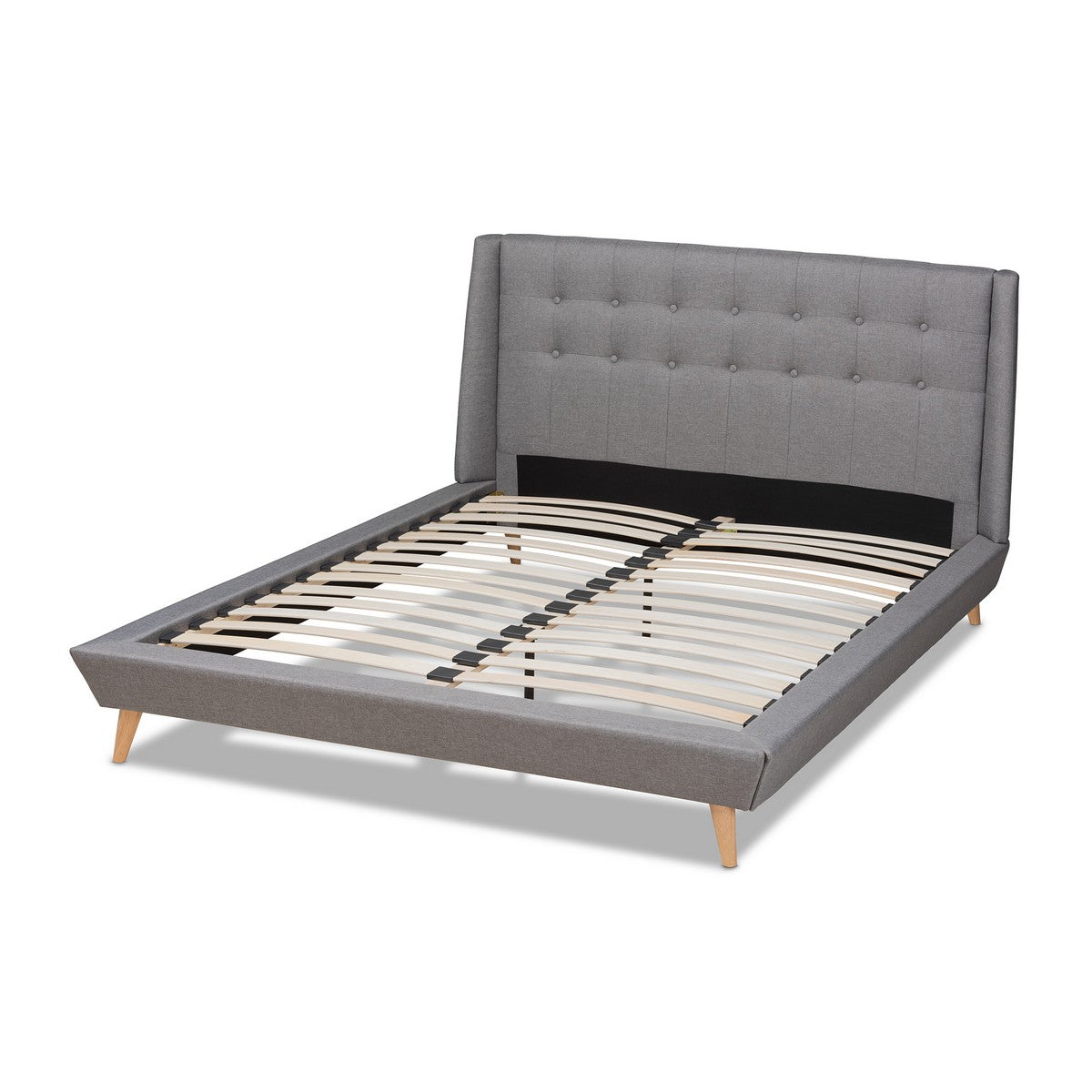 Baxton Studio Naya Mid-Century Modern Grey Fabric Upholstered King Size Wingback Platform Bed