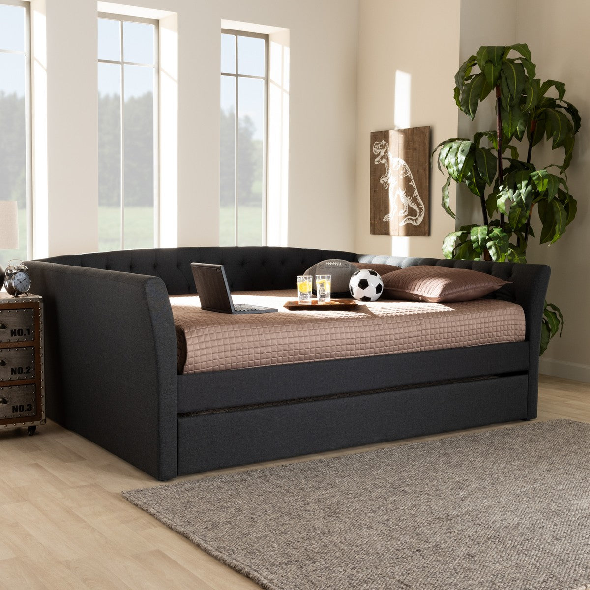 Baxton Studio Delora Modern and Contemporary Dark Grey Fabric Upholstered Queen Size Daybed with Roll-Out Trundle Bed