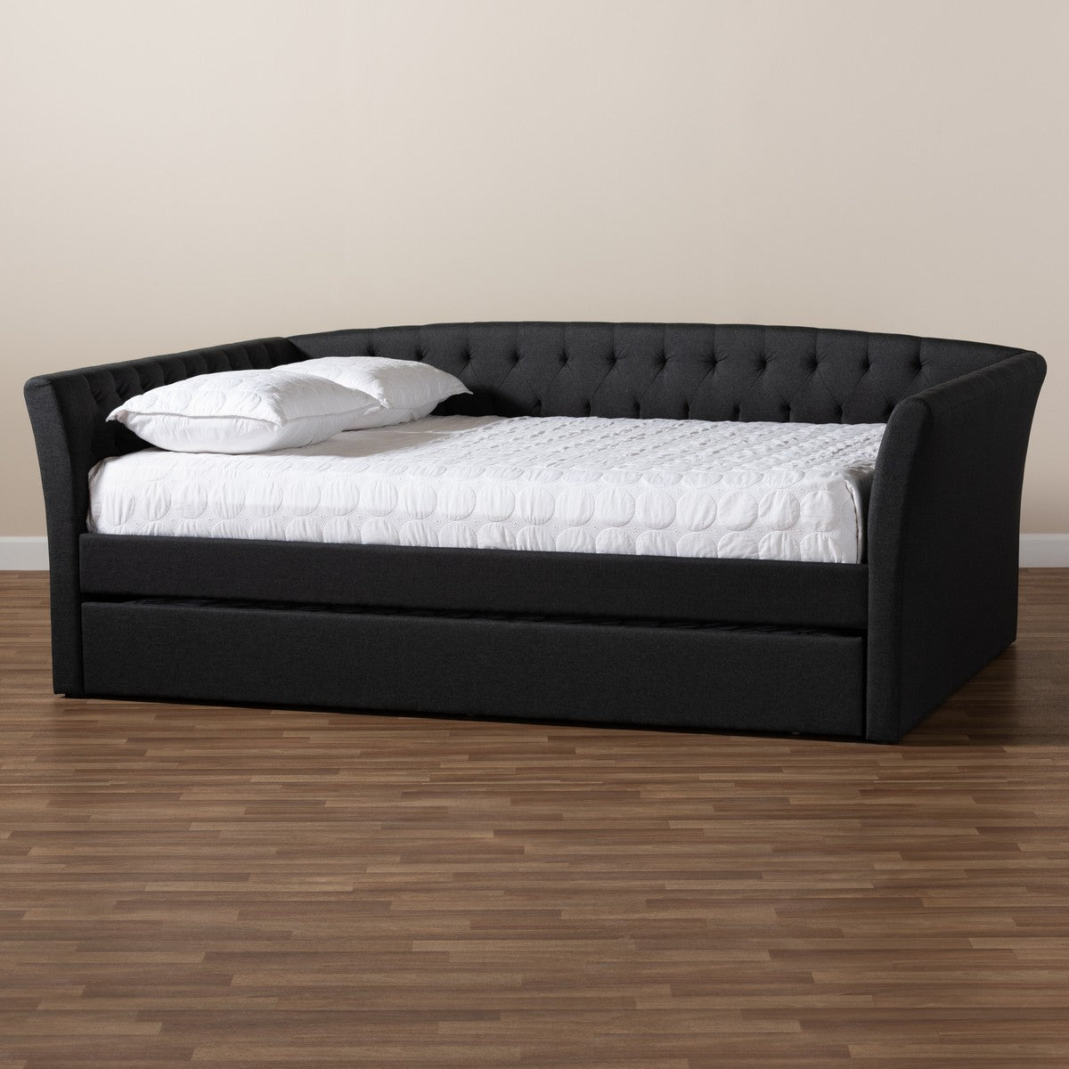 Baxton Studio Delora Modern and Contemporary Dark Grey Fabric Upholstered Queen Size Daybed with Roll-Out Trundle Bed
