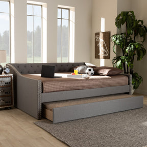 Baxton Studio Haylie Modern and Contemporary Light Grey Fabric Upholstered Queen Size Daybed with Roll-Out Trundle Bed