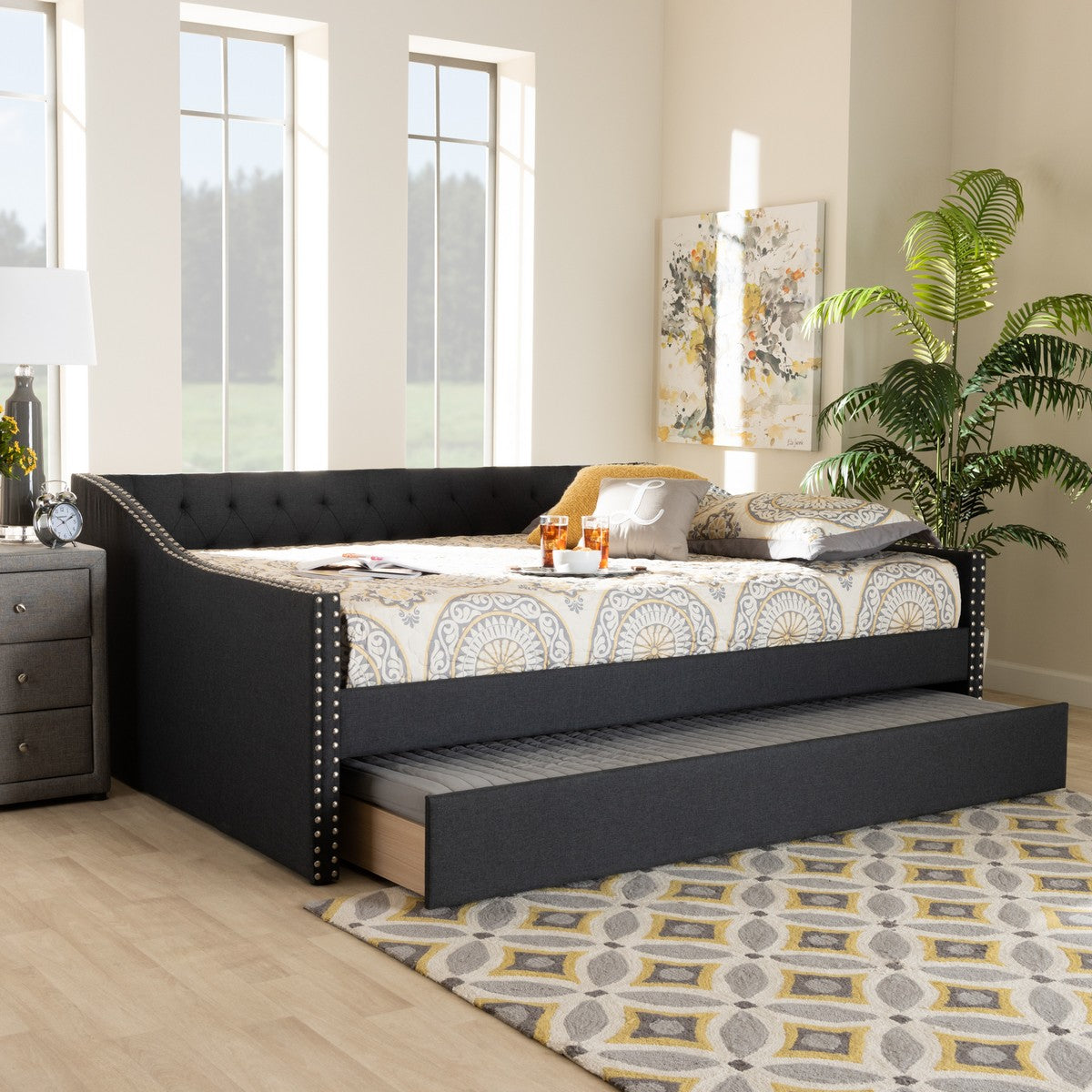 Baxton Studio Haylie Modern and Contemporary Dark Grey Fabric Upholstered Full Size Daybed with Roll-Out Trundle Bed