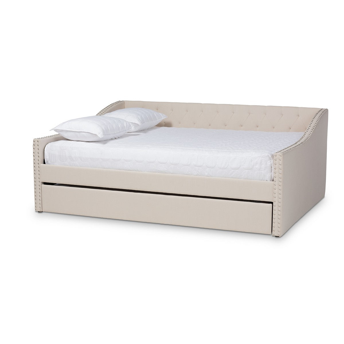 Baxton Studio Haylie Modern and Contemporary Beige Fabric Upholstered Queen Size Daybed with Roll-Out Trundle Bed Baxton Studio-daybed-Minimal And Modern - 1