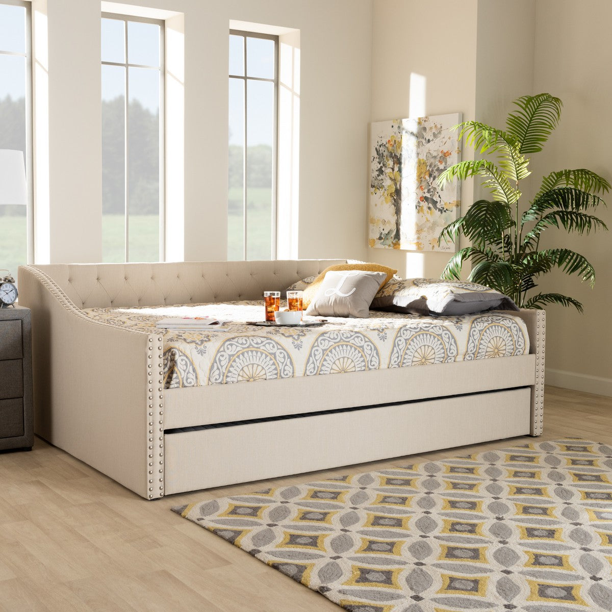 Baxton Studio Haylie Modern and Contemporary Beige Fabric Upholstered Queen Size Daybed with Roll-Out Trundle Bed