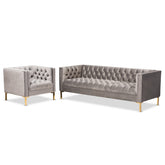 Baxton Studio Zanetta Glam and Luxe Gray Velvet Upholstered Gold Finished 2-Piece Sofa and Lounge Chair Set Baxton Studio-Living Room Sets-Minimal And Modern - 1
