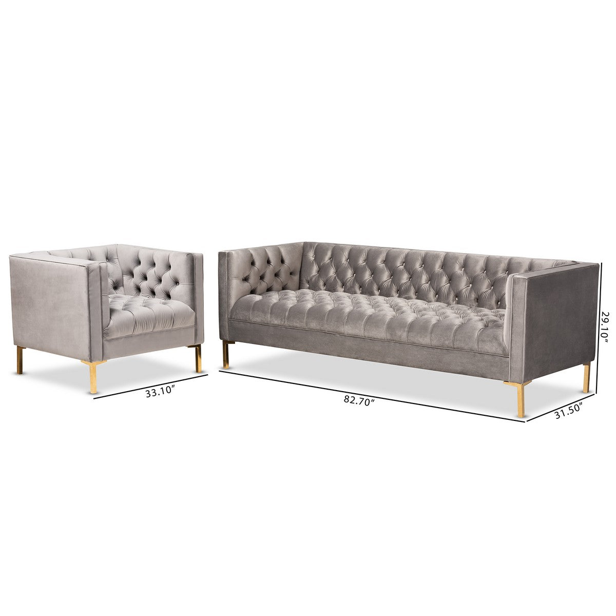 Baxton Studio Zanetta Glam and Luxe Gray Velvet Upholstered Gold Finished 2-Piece Sofa and Lounge Chair Set
