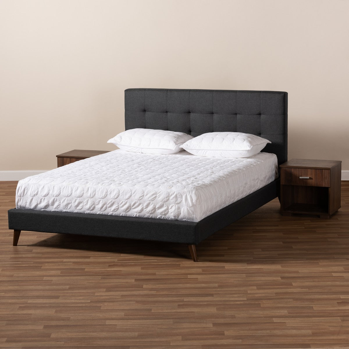 Baxton Studio Maren Mid-Century Modern Dark Grey Fabric Upholstered Full Size Platform Bed with Two Nightstands