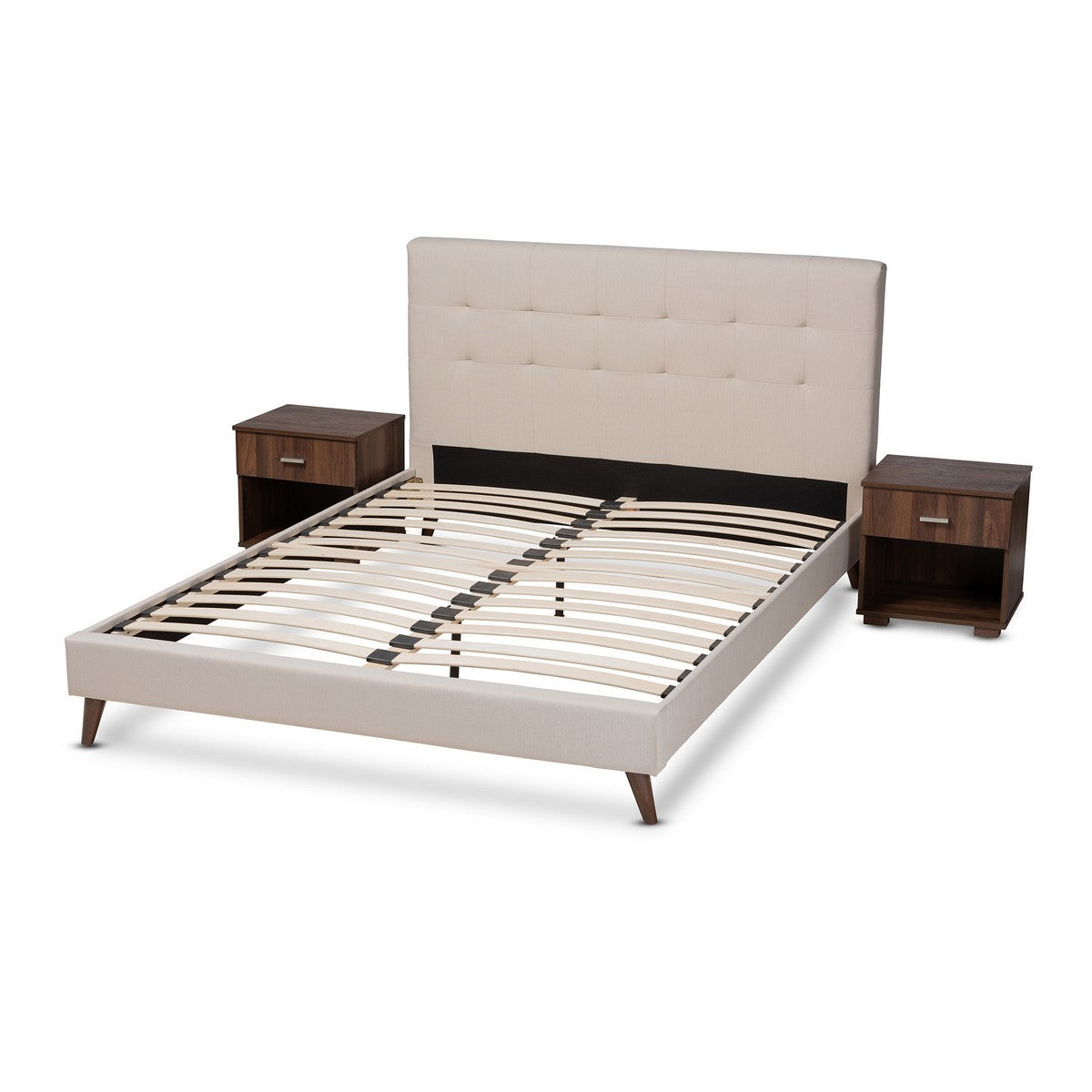 Baxton Studio Maren Mid-Century Modern Beige Fabric Upholstered Full Size Platform Bed with Two Nightstands