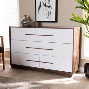 Baxton Studio Mette Mid-Century Modern White and Walnut Finished 6-Drawer Wood Dresser