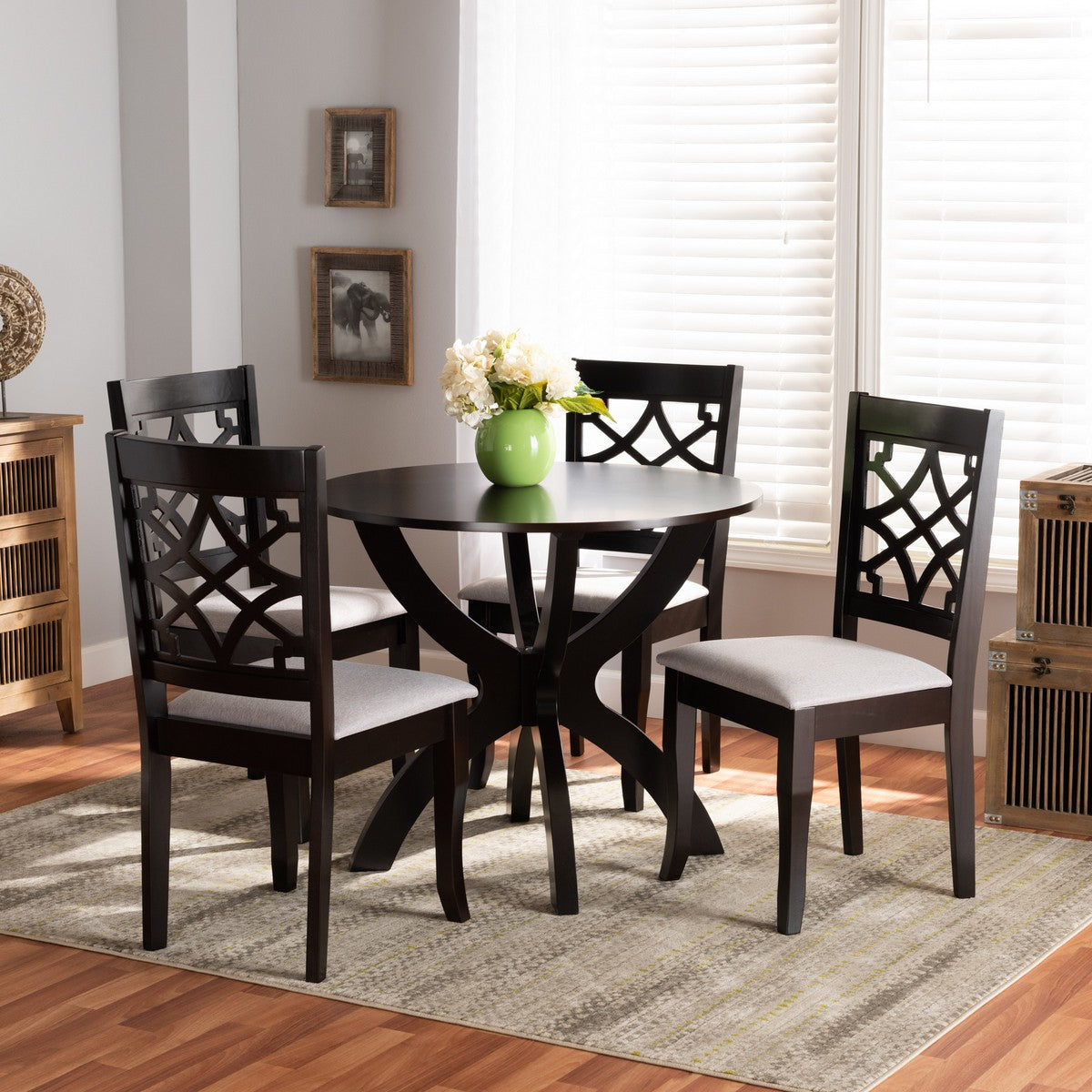 Baxton Studio Sandra Modern and Contemporary Grey Fabric Upholstered and Dark Brown Finished Wood 5-Piece Dining Set