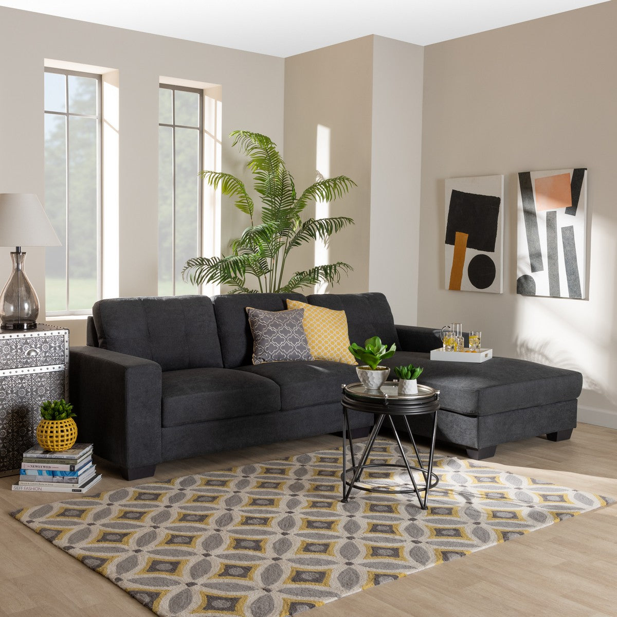 Baxton Studio Langley Modern and Contemporary Dark Grey Fabric Upholstered Sectional Sofa with Right Facing Chaise