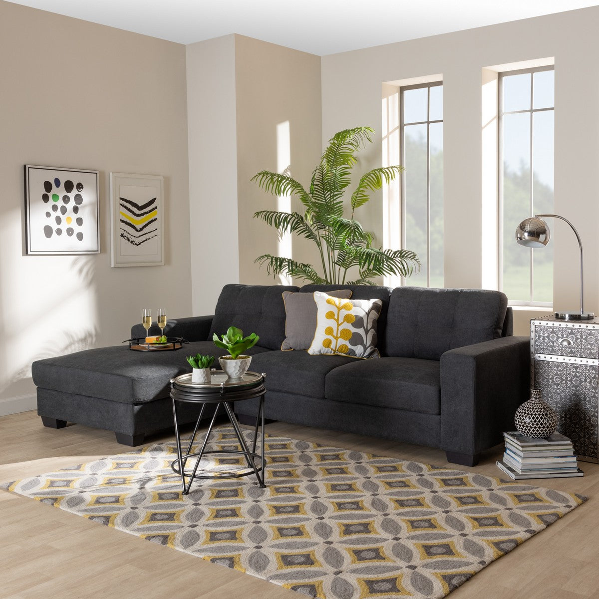 Baxton Studio Langley Modern and Contemporary Dark Grey Fabric Upholstered Sectional Sofa with Left Facing Chaise