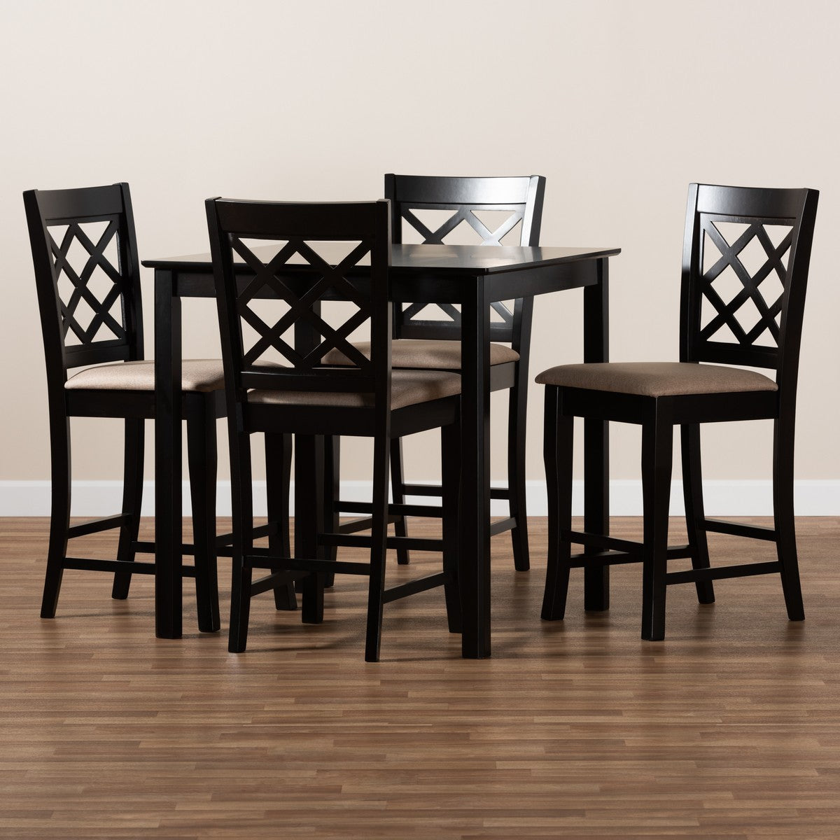 Baxton Studio Alora Modern and Contemporary Sand Fabric Upholstered Espresso Brown Finished 5-Piece Wood Pub Set