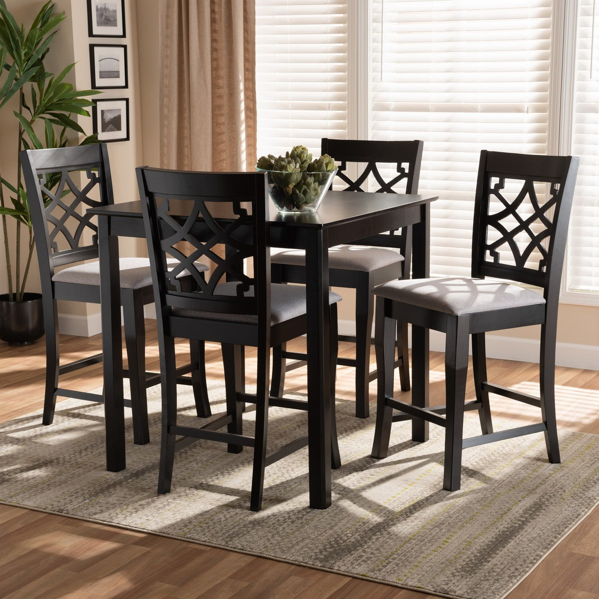 Baxton Studio Nisa Modern and Contemporary Grey Fabric Upholstered Espresso Brown Finished 5-Piece Wood Pub Set