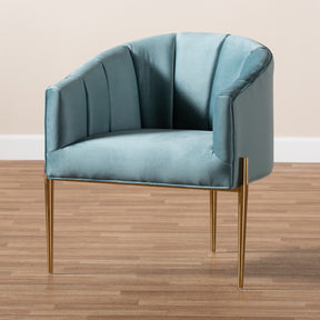 Baxton Studio Clarisse Glam and Luxe Light Blue Velvet Fabric Upholstered Gold Finished Accent Chair