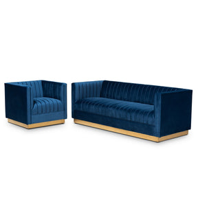 Baxton Studio Aveline Glam and Luxe Navy Blue Velvet Fabric Upholstered Brushed Gold Finished 2-Piece Living Room Set Baxton Studio-Living Room Sets-Minimal And Modern - 1