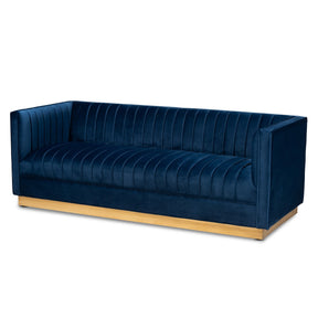 Baxton Studio Aveline Glam and Luxe Navy Blue Velvet Fabric Upholstered Brushed Gold Finished 2-Piece Living Room Set