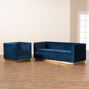 Baxton Studio Aveline Glam and Luxe Navy Blue Velvet Fabric Upholstered Brushed Gold Finished 2-Piece Living Room Set