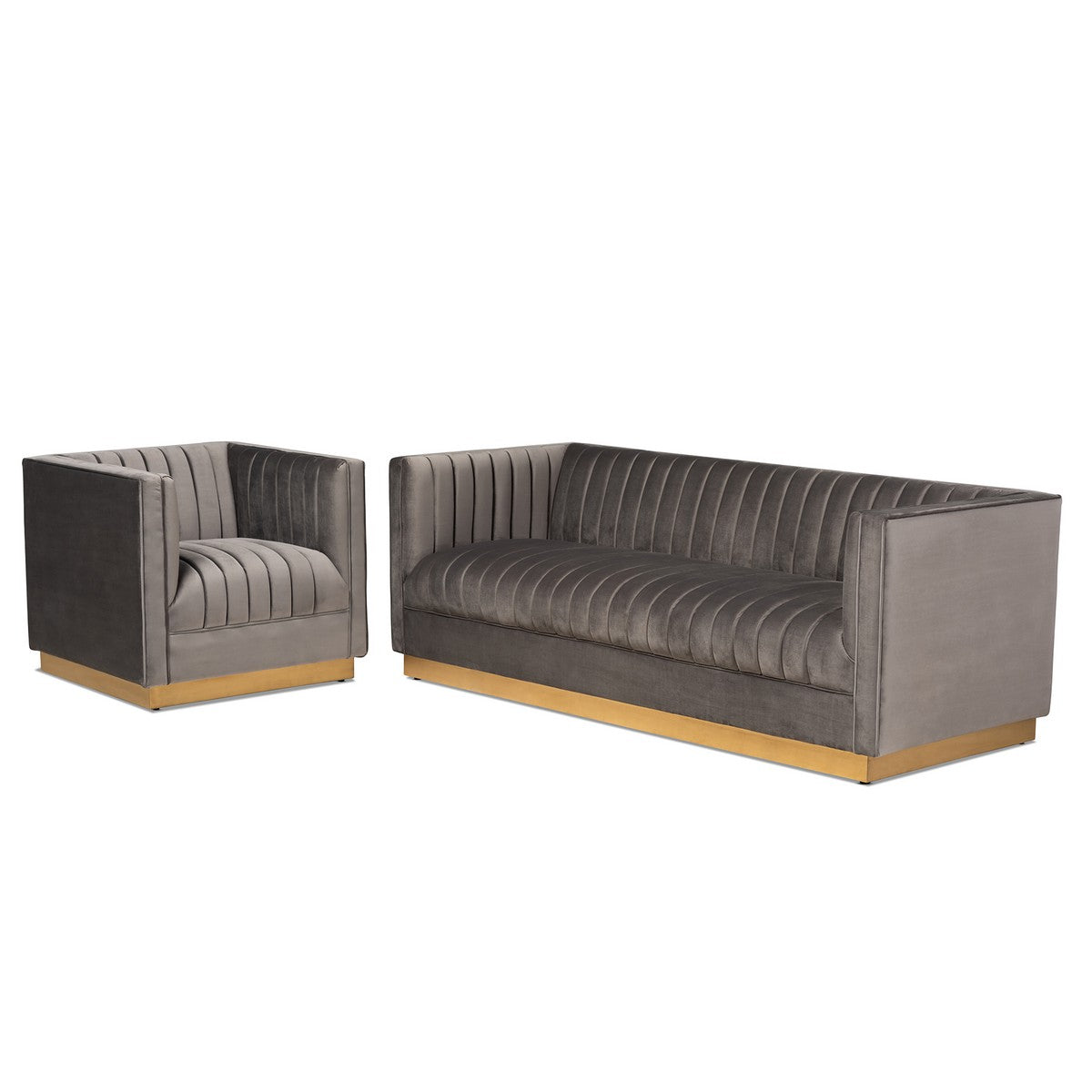 Baxton Studio Aveline Glam and Luxe Grey Velvet Fabric Upholstered Brushed Gold Finished 2-Piece Living Room Set Baxton Studio-Living Room Sets-Minimal And Modern - 1