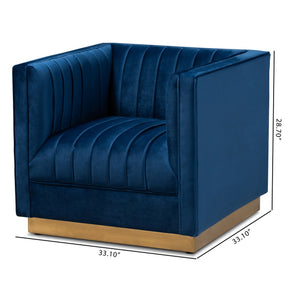 Baxton Studio Aveline Glam and Luxe Navy Blue Velvet Fabric Upholstered Brushed Gold Finished Armchair