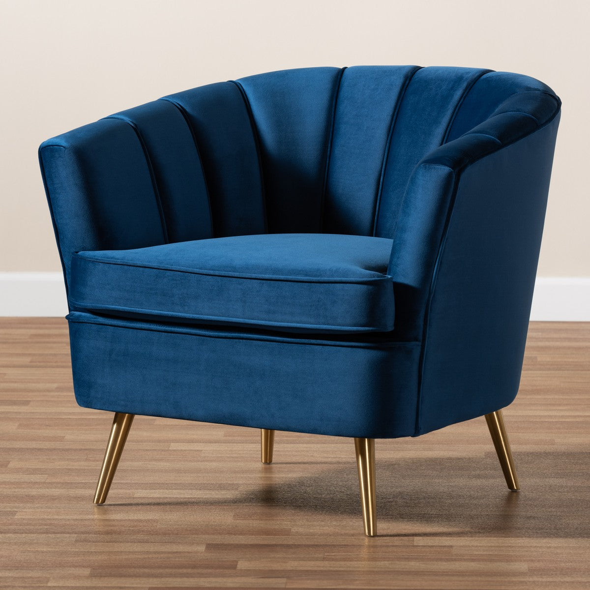 Baxton Studio Emeline Glam and Luxe Navy Blue Velvet Fabric Upholstered Brushed Gold Finished Accent Chair