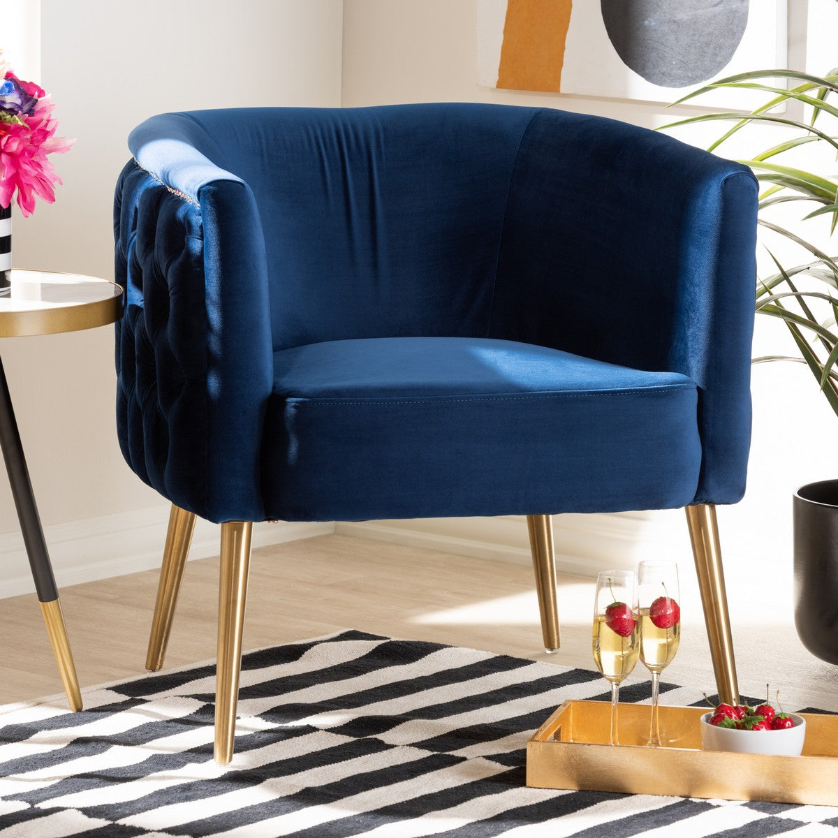 Baxton Studio Marcelle Glam and Luxe Navy Blue Velvet Fabric Upholstered Brushed Gold Finished Accent Chair