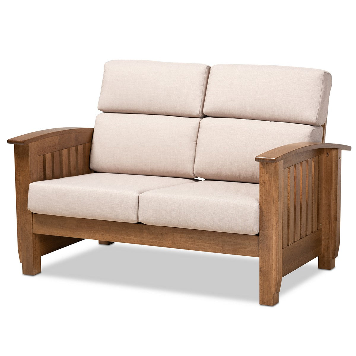 Baxton Studio Charlotte Modern Classic Mission Style Taupe Fabric Upholstered Walnut Brown Finished Wood 2-Seater Loveseat Baxton Studio-loveseat-Minimal And Modern - 1