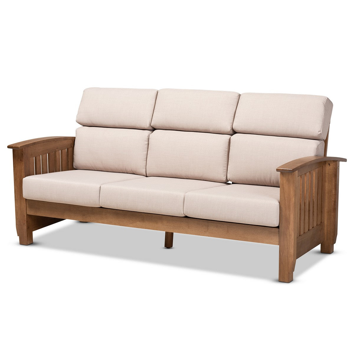 Baxton Studio Charlotte Modern Classic Mission Style Taupe Fabric Upholstered Walnut Brown Finished Wood 3-Seater Sofa Baxton Studio-sofas-Minimal And Modern - 1