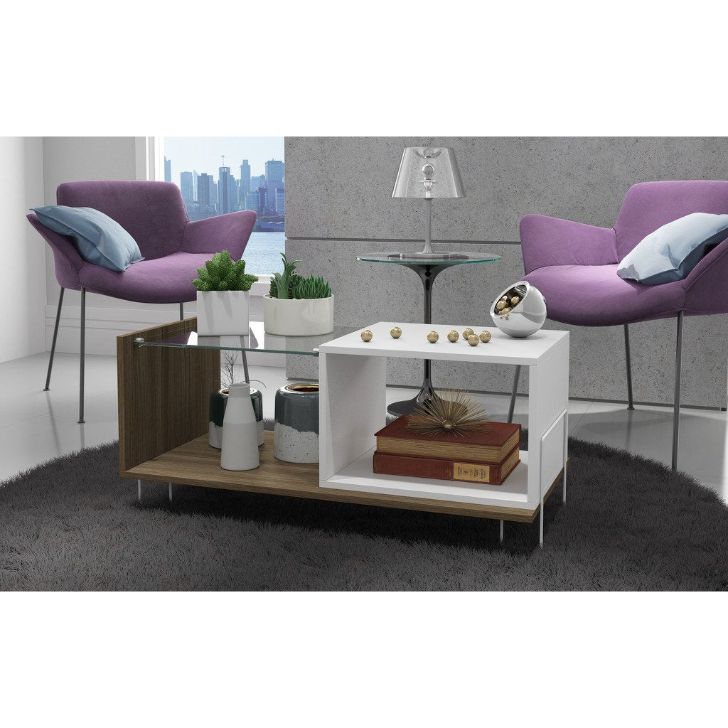 Manhattan Comfort  Boden 17.52" End Table with 2 Shelves in White and Oak.