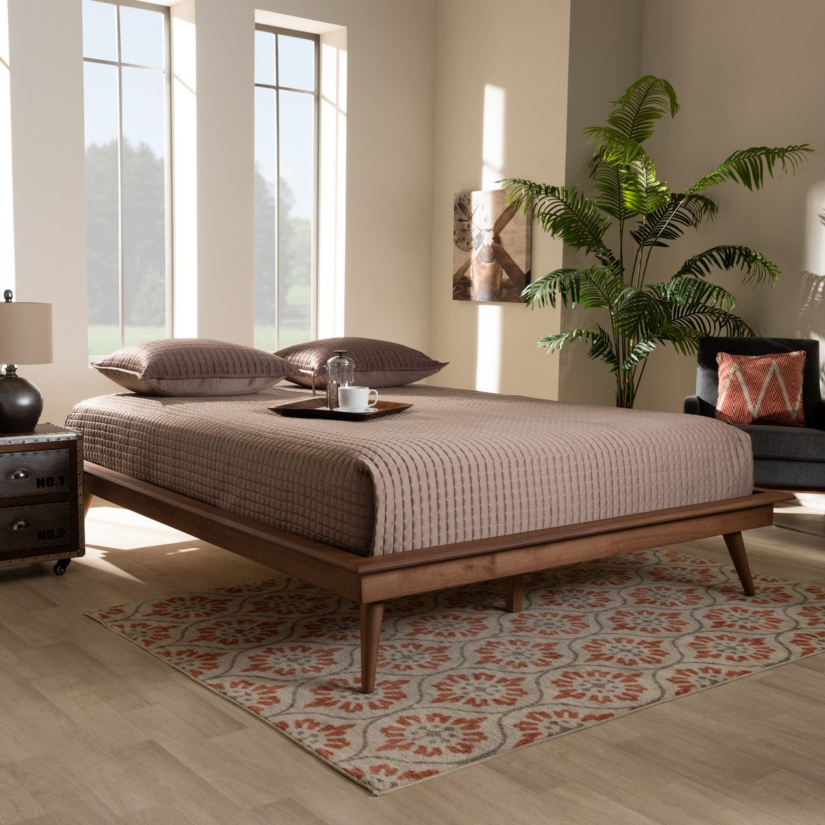 Baxton Studio Karine Mid-Century Modern Walnut Brown Finished Wood King Size Platform Bed Frame