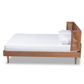 Baxton Studio Rina Mid-Century Modern Ash Wanut Finished Wood and Synthetic Rattan Full Size Platform Bed with Wrap-Around Headboard