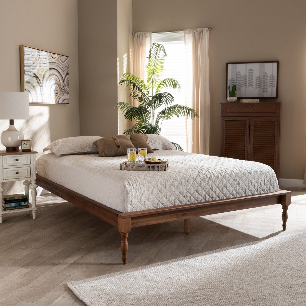 Baxton Studio Romy Vintage French Inspired Ash Wanut Finished King Size Wood Bed Frame