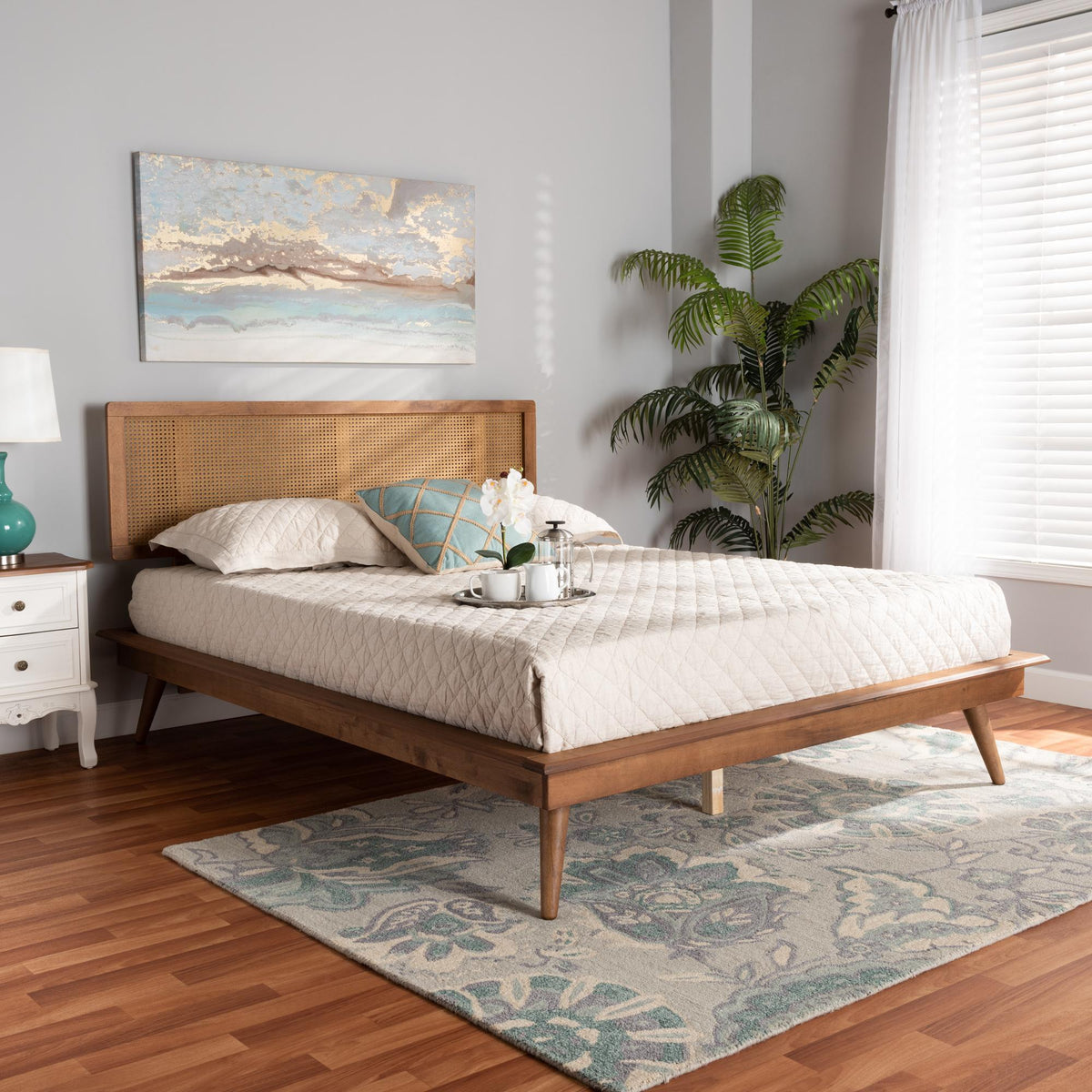Baxton Studio Nura Mid-Century Modern Walnut Brown Finished Wood And Synthetic Rattan Queen Size Platform Bed - Nura-Ash Walnut Rattan-Queen