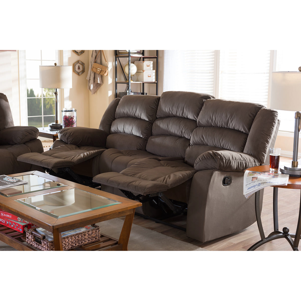 Baxton Studio Hollace Modern and Contemporary Taupe Microsuede 3-Seater Recliner Baxton Studio--Minimal And Modern - 1