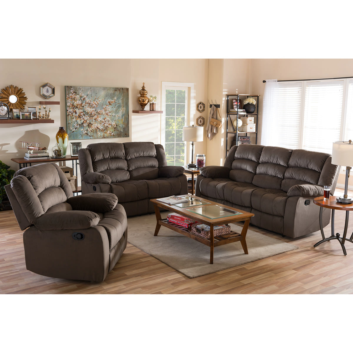 Baxton Studio Hollace Modern and Contemporary Taupe Microsuede Sofa Loveseat and Chair Set with 5 Recliners Living room Set Baxton Studio--Minimal And Modern - 5