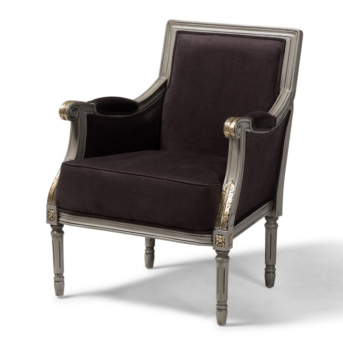 Baxton Studio Georgette Classic and Traditional French Inspired Brown Velvet Upholstered Grey Finished Armchair with Goldleaf Detailing  Baxton Studio-chairs-Minimal And Modern - 1