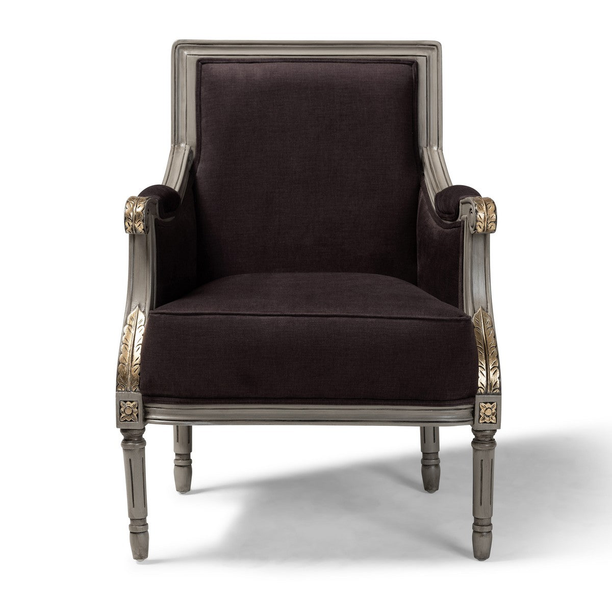 Baxton Studio Georgette Classic and Traditional French Inspired Brown Velvet Upholstered Grey Finished Armchair with Goldleaf Detailing