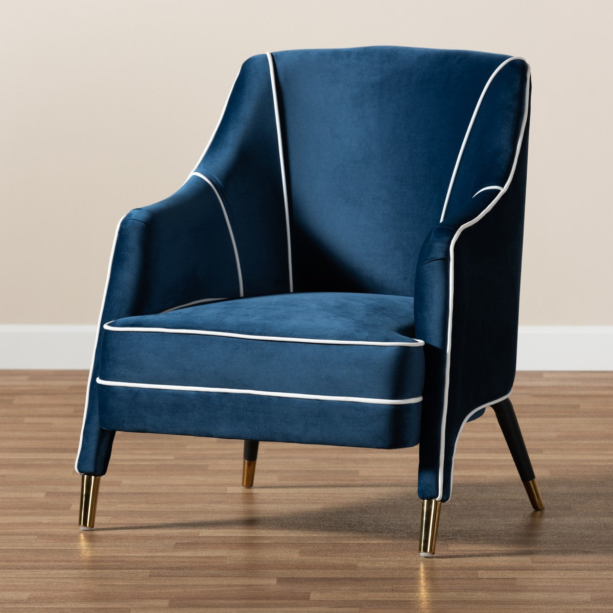 Baxton Studio Ainslie Glam and Luxe Navy Blue Velvet Fabric Upholstered Gold Finished Armchair