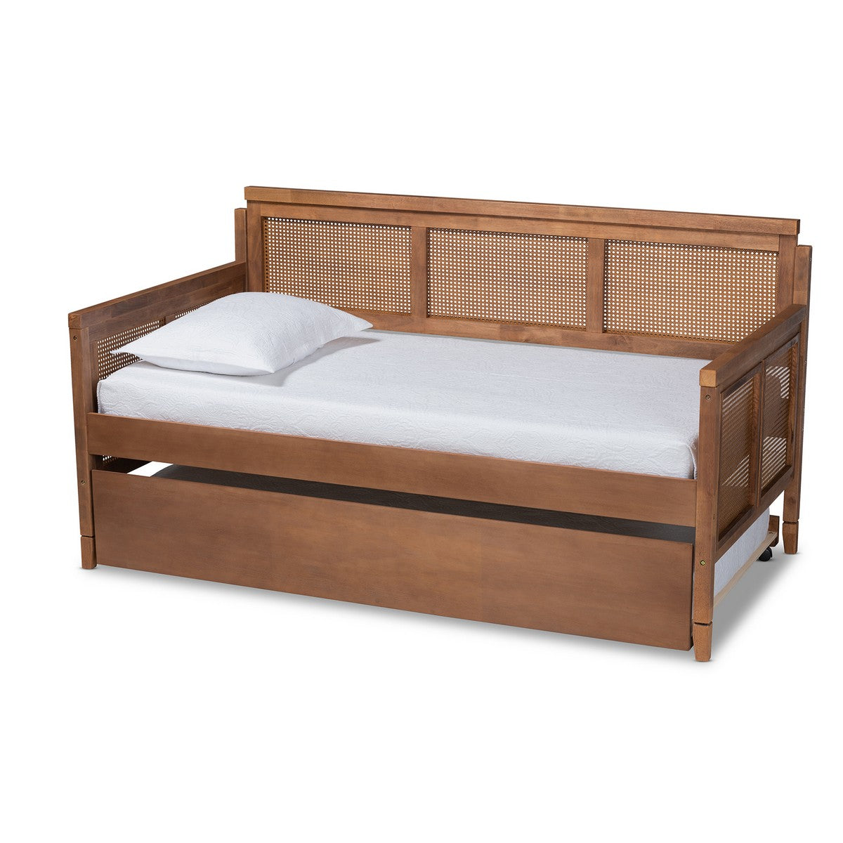 Baxton Studio Toveli Vintage French Inspired Ash Wanut Finished Wood and Synthetic Rattan Daybed with Trundle Baxton Studio- Daybeds-Minimal And Modern - 1