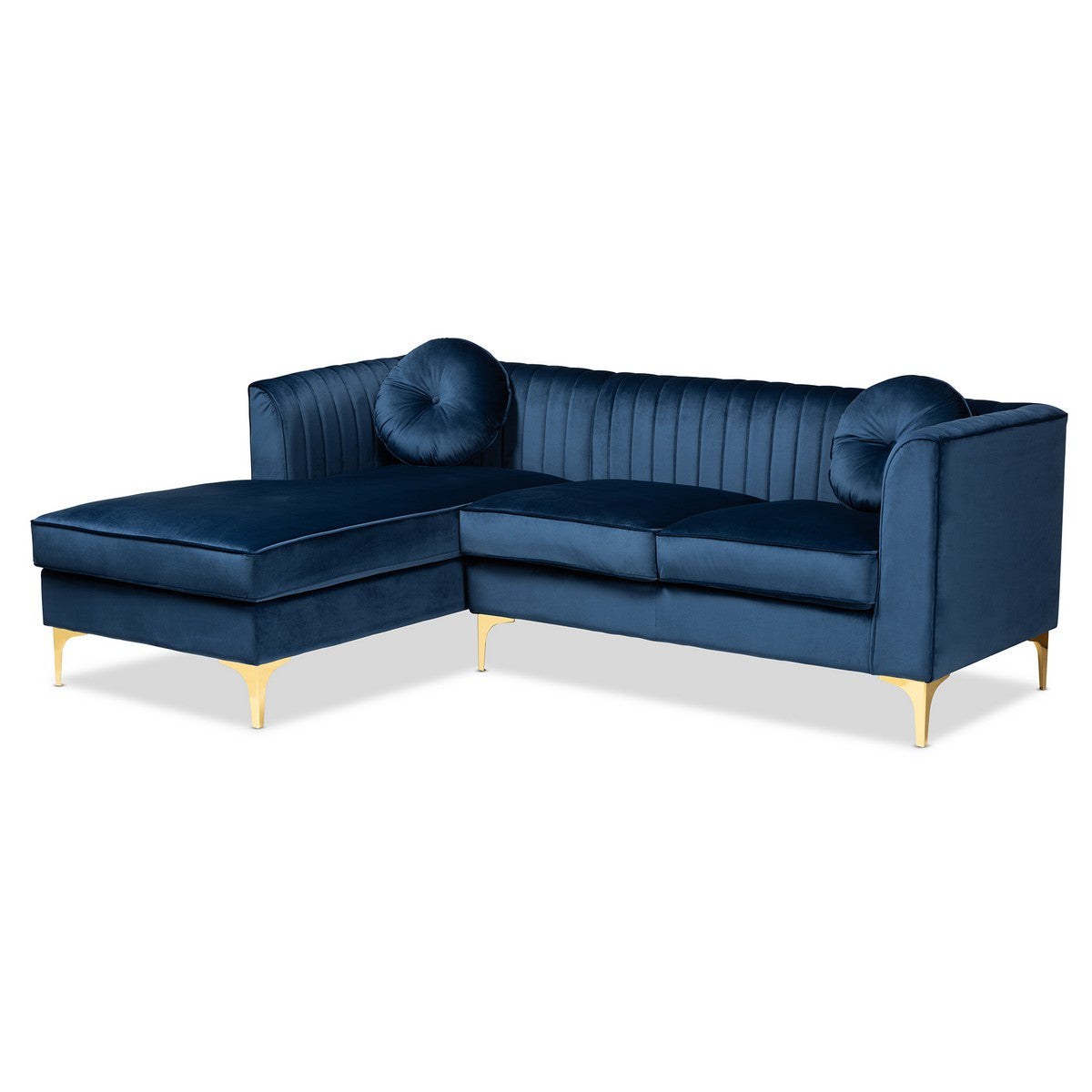 Baxton Studio Giselle Glam and Luxe Navy Blue Velvet Fabric Upholstered Mirrored Gold Finished Left Facing Sectional Sofa with Chaise Baxton Studio- Sectional Sofas-Minimal And Modern - 1