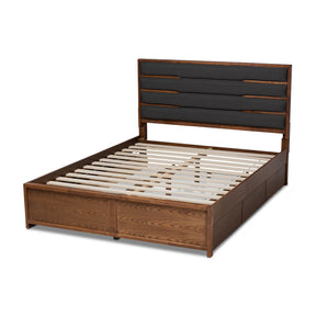 Baxton Studio Elin Modern and Contemporary Dark Grey Fabric Upholstered Walnut Finished Wood Queen Size Platform Storage Bed with Six Drawers