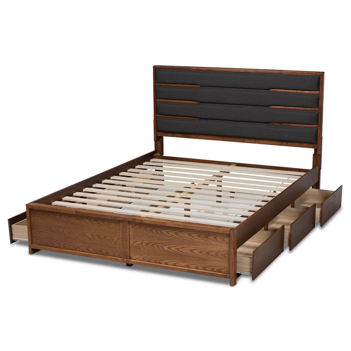 Baxton Studio Elin Modern and Contemporary Dark Grey Fabric Upholstered Walnut Finished Wood King Size Platform Storage Bed with Six Drawers