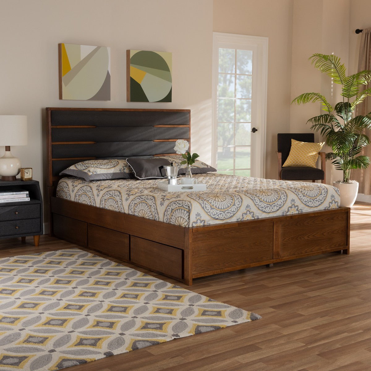 Baxton Studio Elin Modern and Contemporary Dark Grey Fabric Upholstered Walnut Finished Wood King Size Platform Storage Bed with Six Drawers
