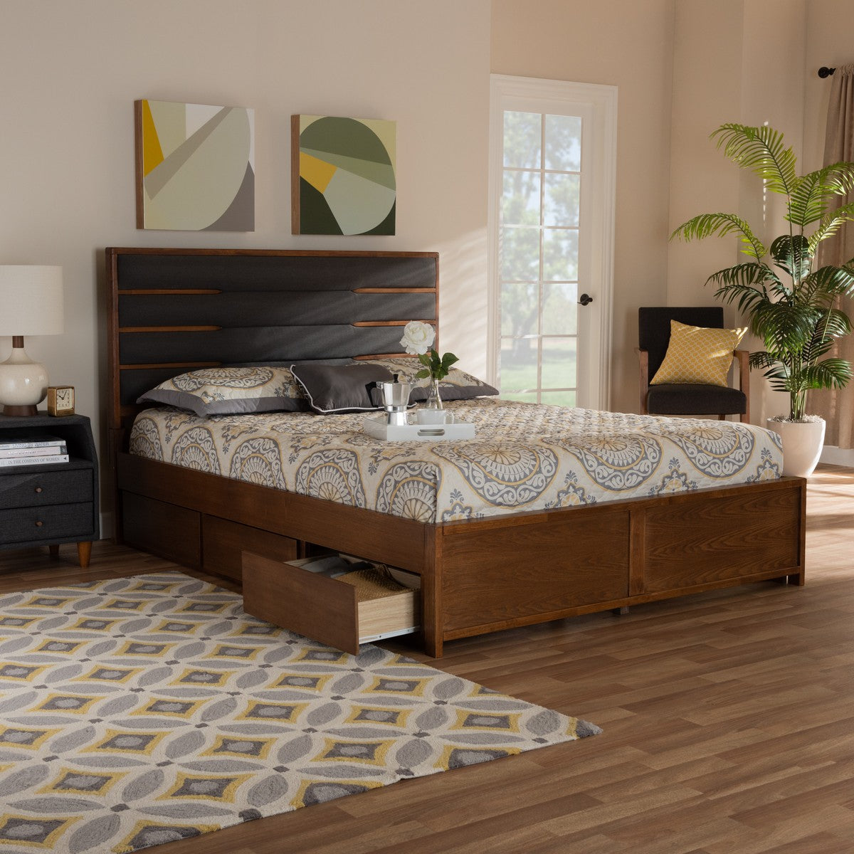 Baxton Studio Elin Modern and Contemporary Dark Grey Fabric Upholstered Walnut Finished Wood Queen Size Platform Storage Bed with Six Drawers