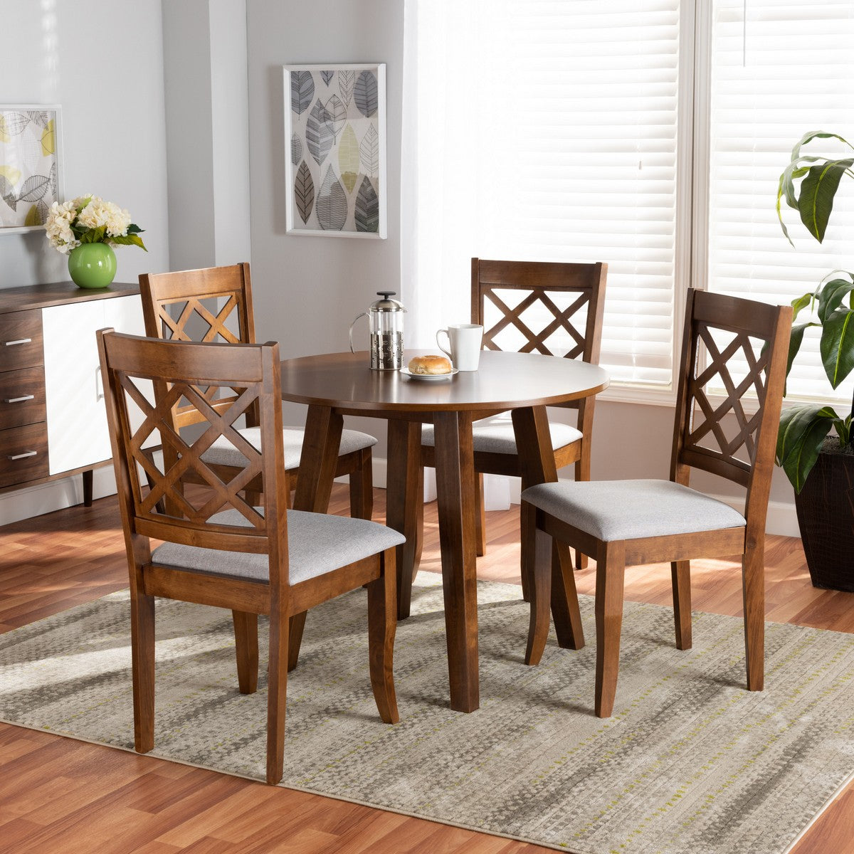 Baxton Studio Adara Modern and Contemporary Grey Fabric Upholstered and Walnut Brown Finished Wood 5-Piece Dining Set