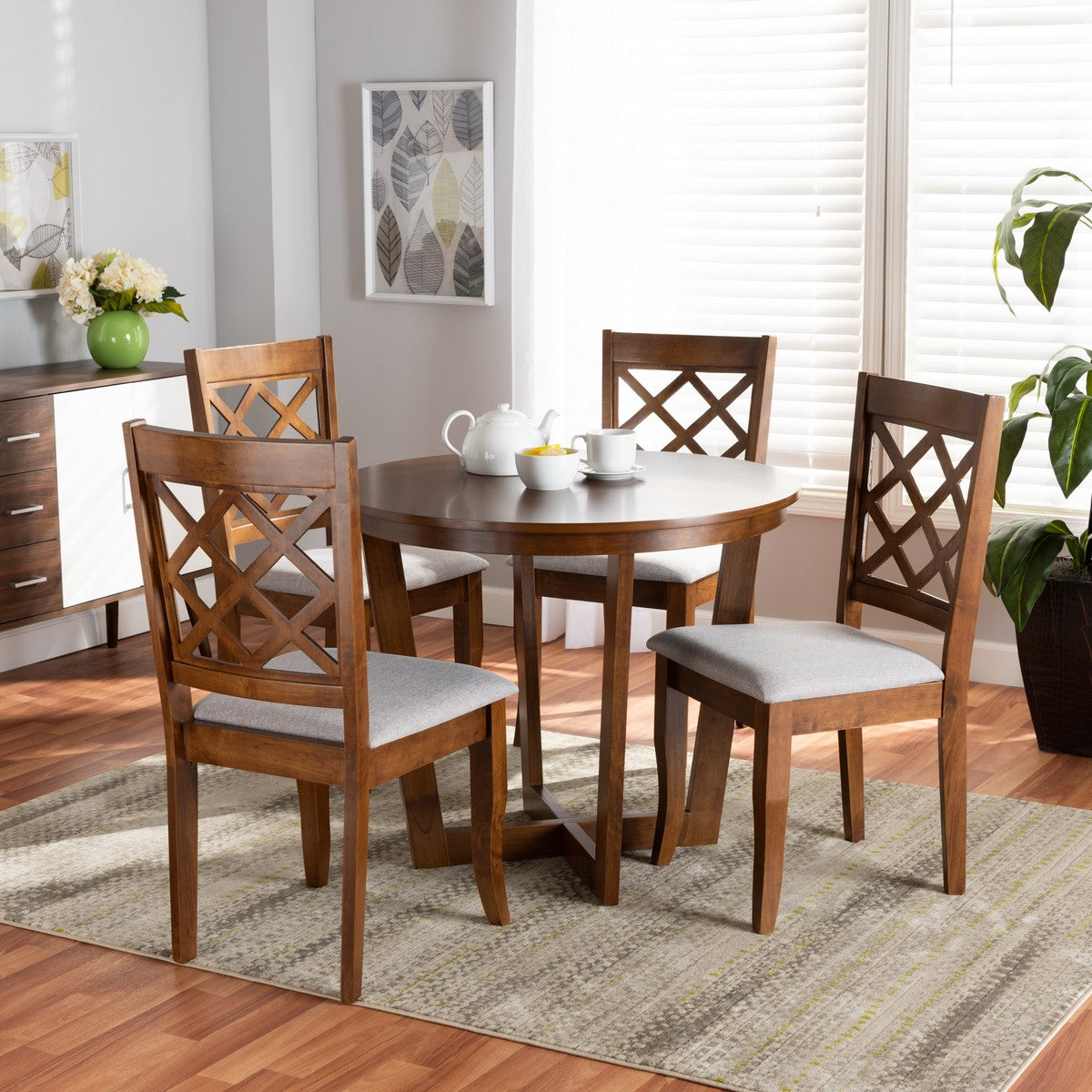 Baxton Studio Dayna Modern and Contemporary Grey Fabric Upholstered and Walnut Brown Finished Wood 5-Piece Dining Set