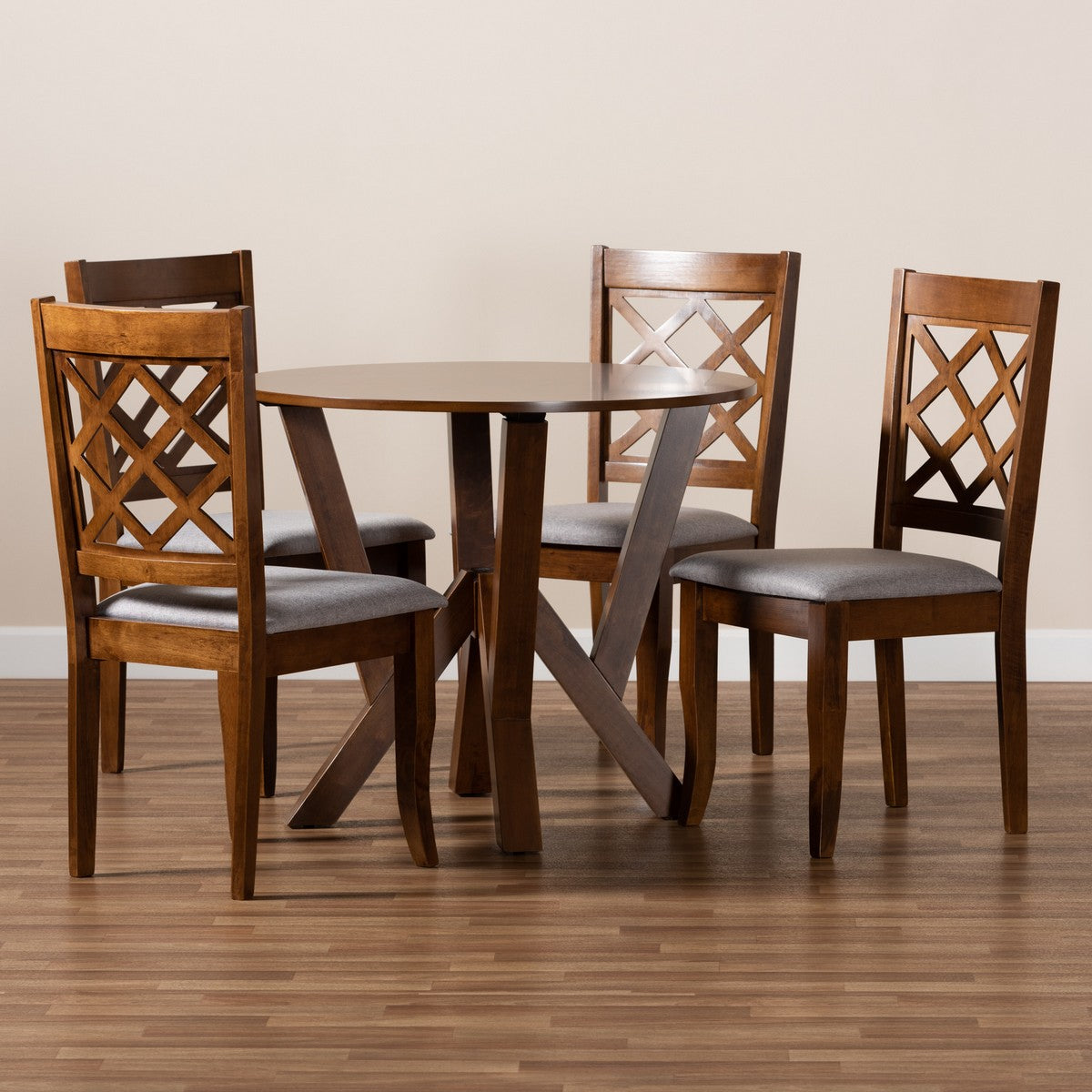 Baxton Studio Zoe Modern and Contemporary Grey Fabric Upholstered and Walnut Brown Finished Wood 5-Piece Dining Set