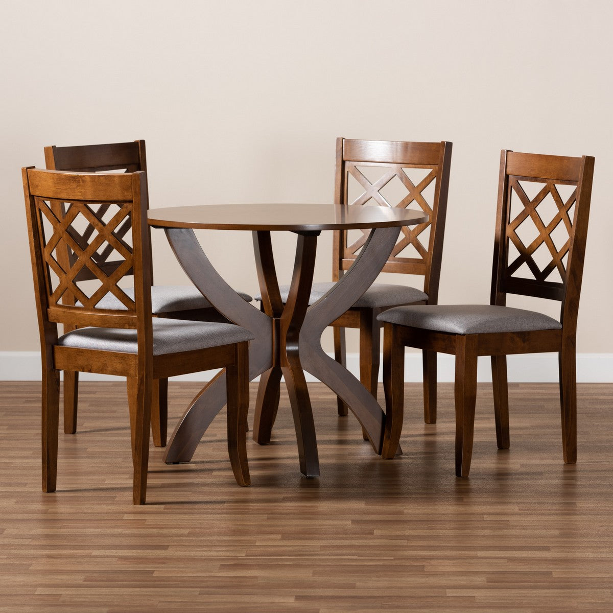 Baxton Studio Beth Modern and Contemporary Grey Fabric Upholstered and Walnut Brown Finished Wood 5-Piece Dining Set